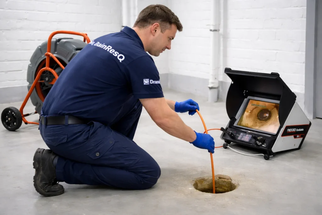 plumber-performing-drain-camera-inspection fro Drain Unblocking in Brussels